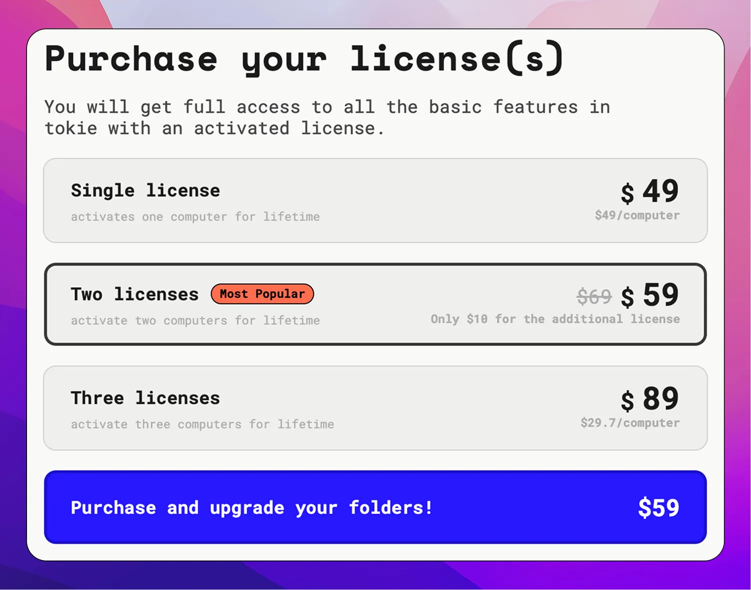 tokie's pricing page showing the three life-time license options