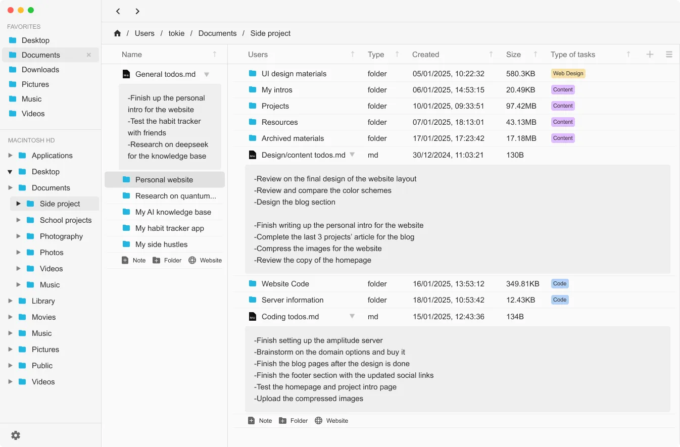 The UI of Tokie's inline markdown notes, showing two notes in one folder