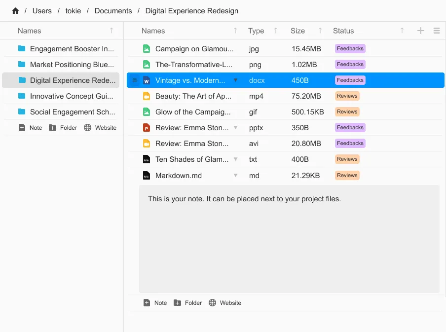 The UI of tokie's inline markdown note feature showing it can be used inside project folders