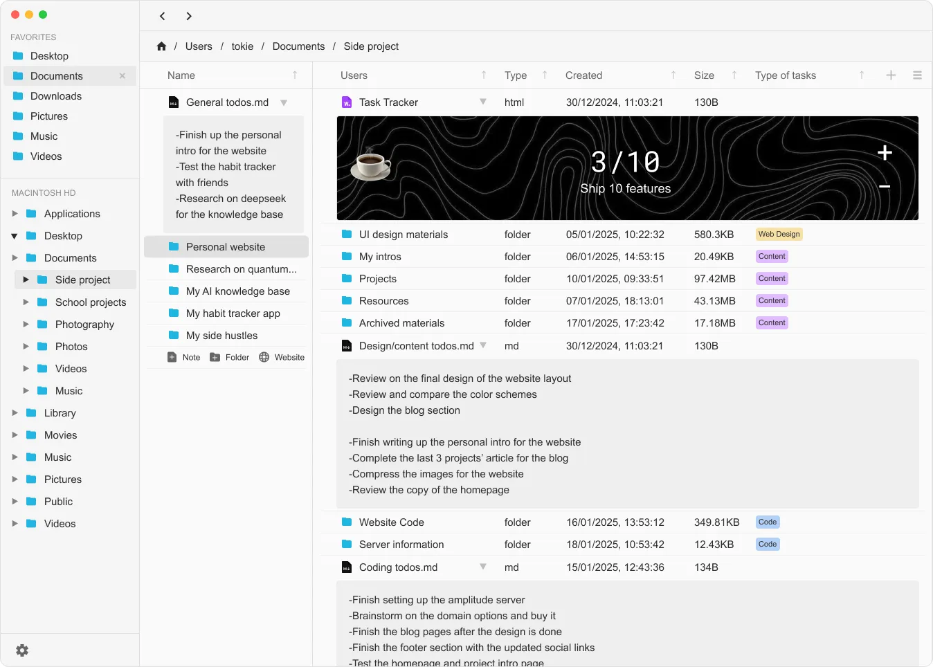 Tokie's main UI showing multiple features