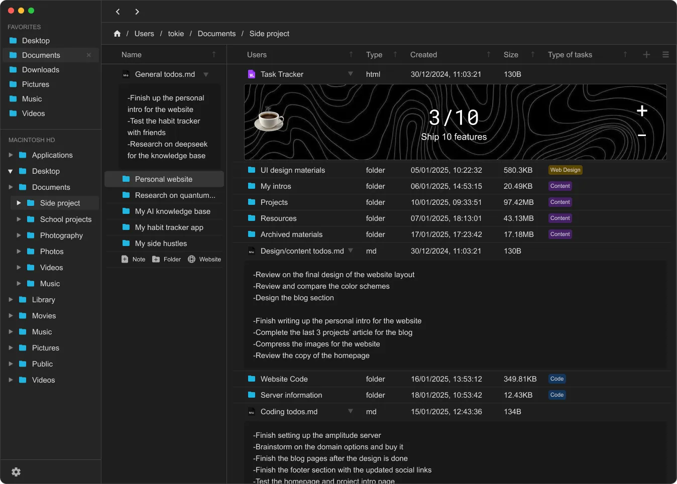 tokie's main UI showing key features