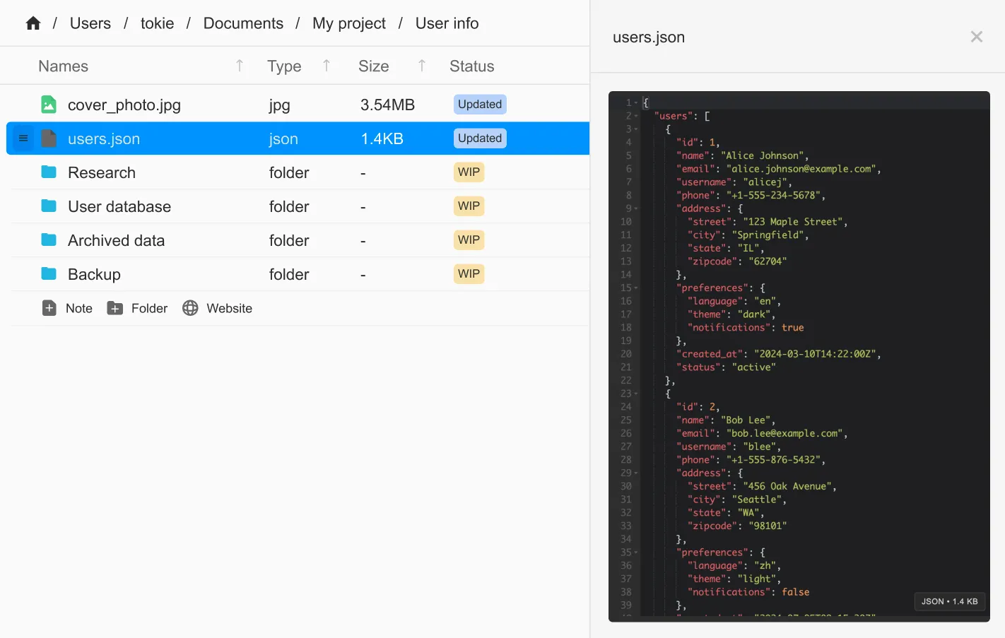 Tokie side peek with json viewer