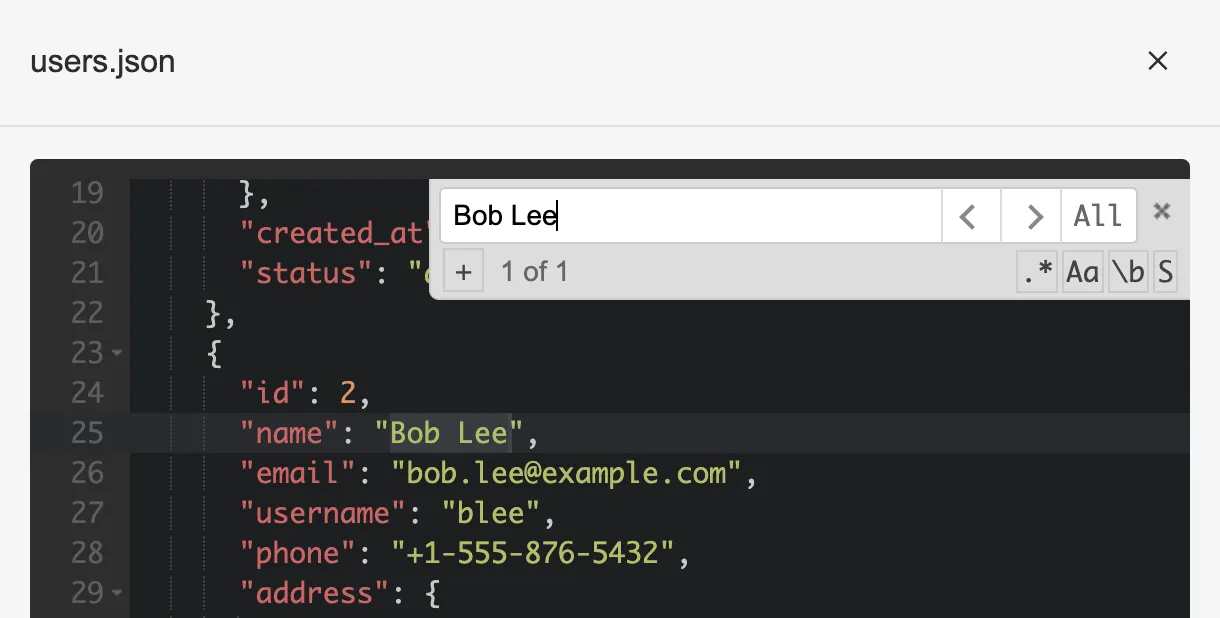 Tokie side peek with json viewer with keywords search