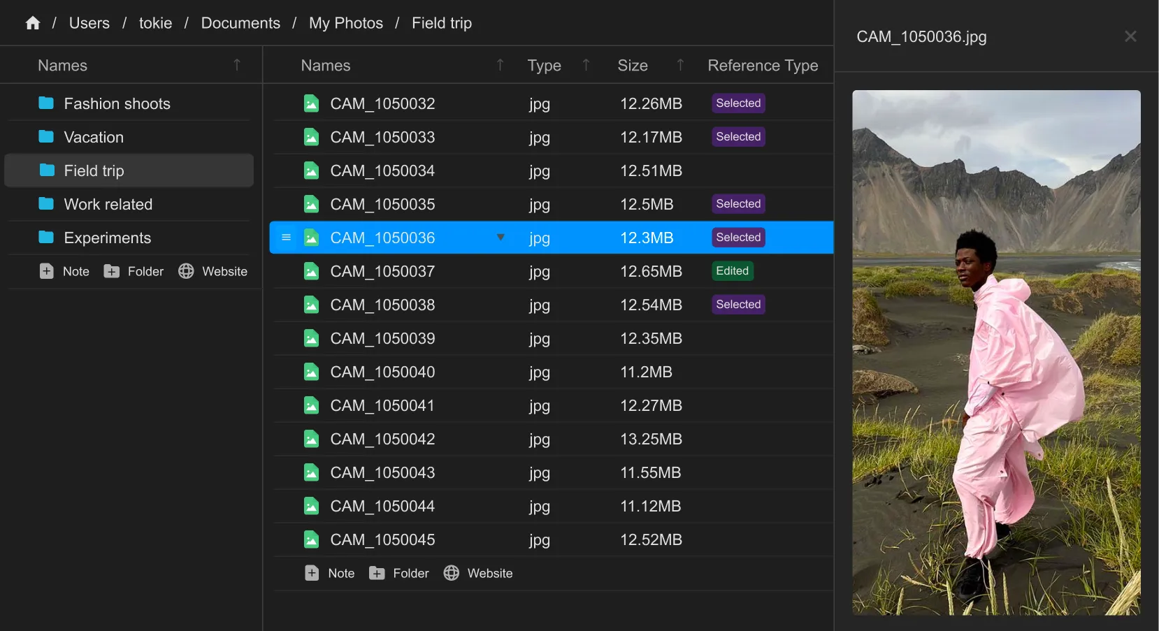 UI showing image assets managed in a folder with previews in side peek panel in tokie