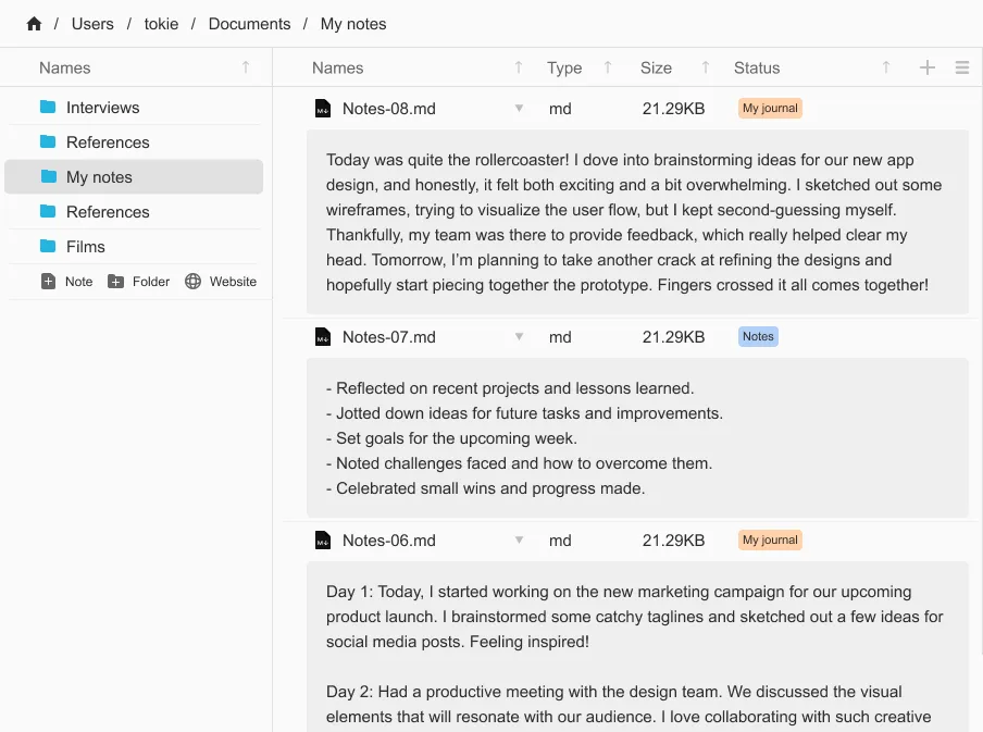 Markdown notes in personal journal