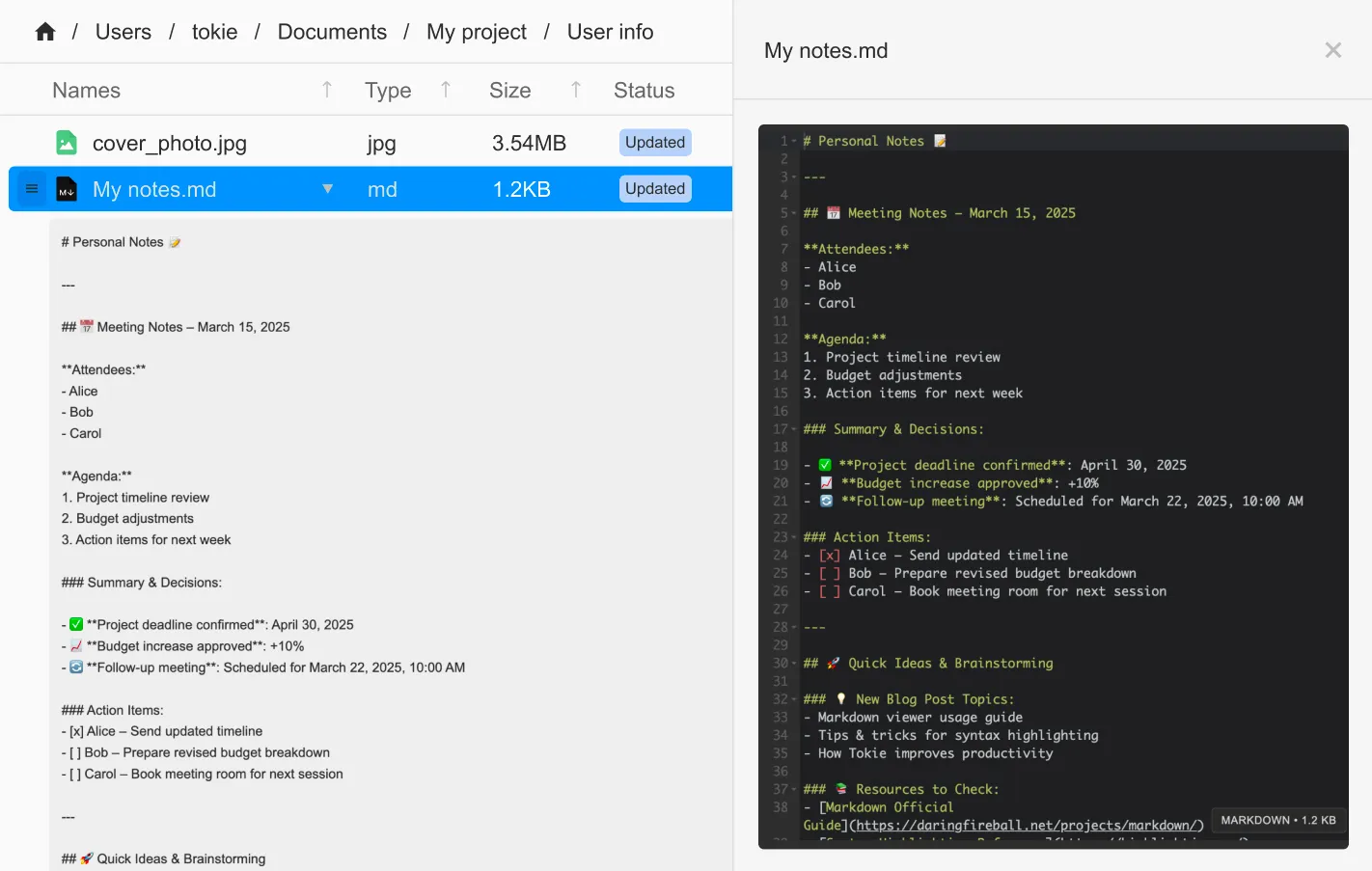 Markdown viewer in side peek with inline markdown editor expanded