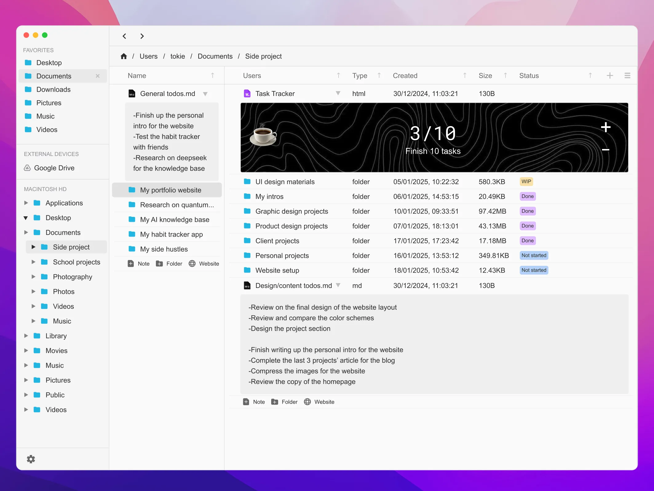 A folder structure showing To Do, In Progress, and Done
