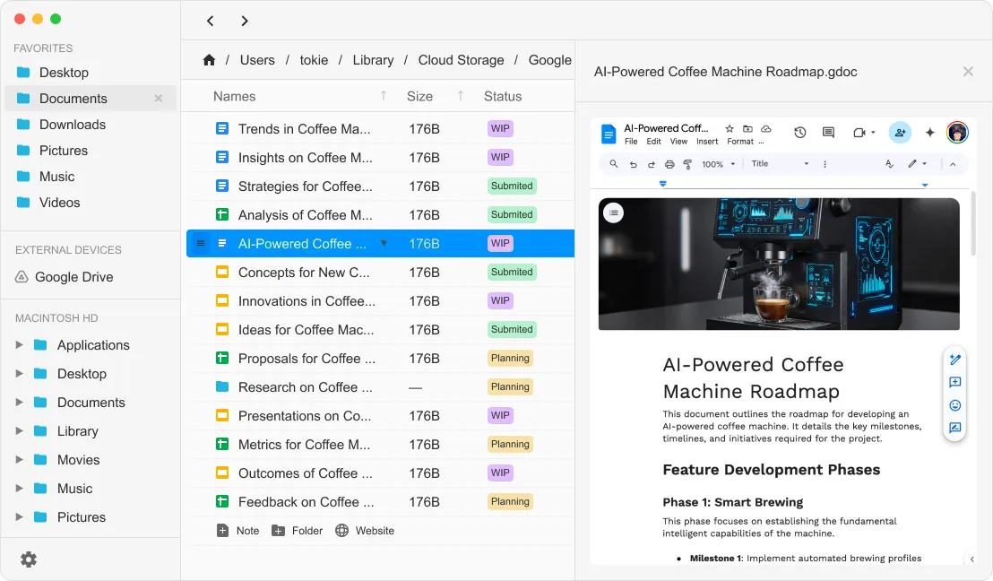 A general UI for tokie showing how google docs can be edit it in the side peek panel