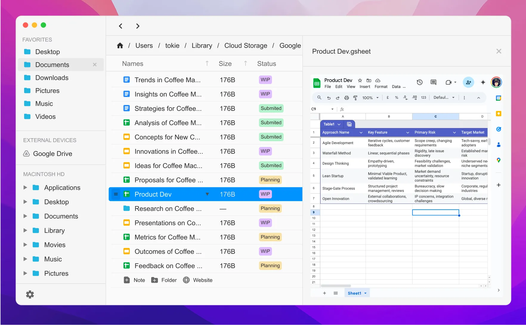 Google sheets files openned in the side peek panel in tokie