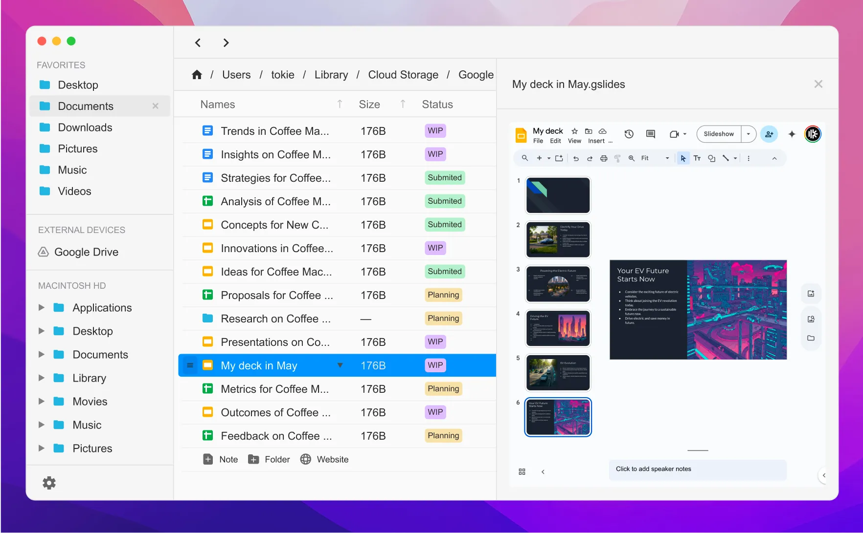 Google slides files openned in the side peek panel in tokie